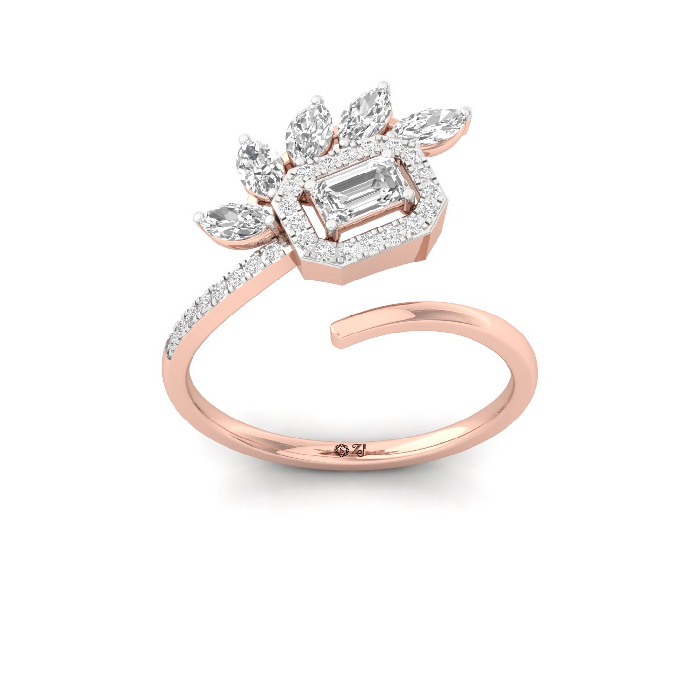 Floral Emerald-Cut Diamond Ring | Marquise & Round Halo Cluster | Lab Grown Diamond | 925 Silver | 10K | 14K | 18K - Rose Gold Main View