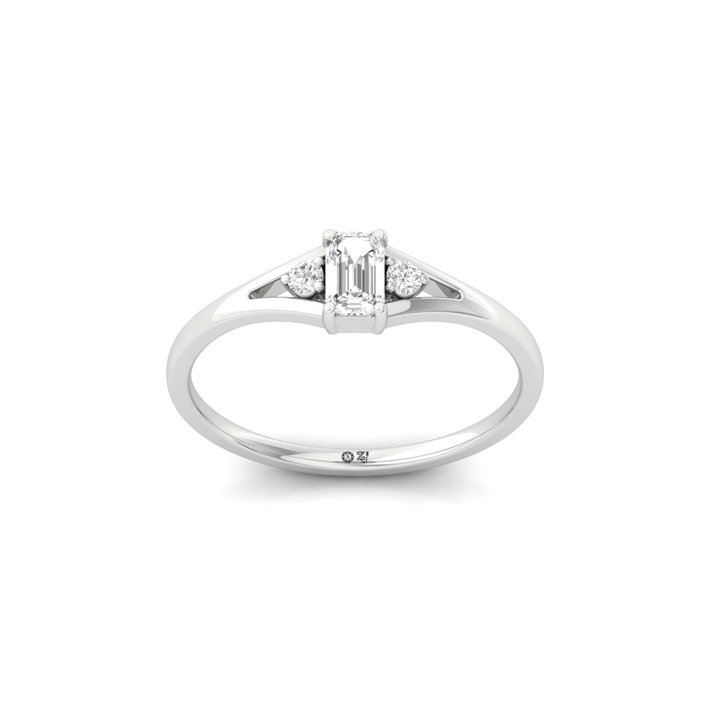 Emerald Cut Lab Grown Diamond Ring | Three Stone Split Band Ring | Minimalist Engagement Ring - Main View