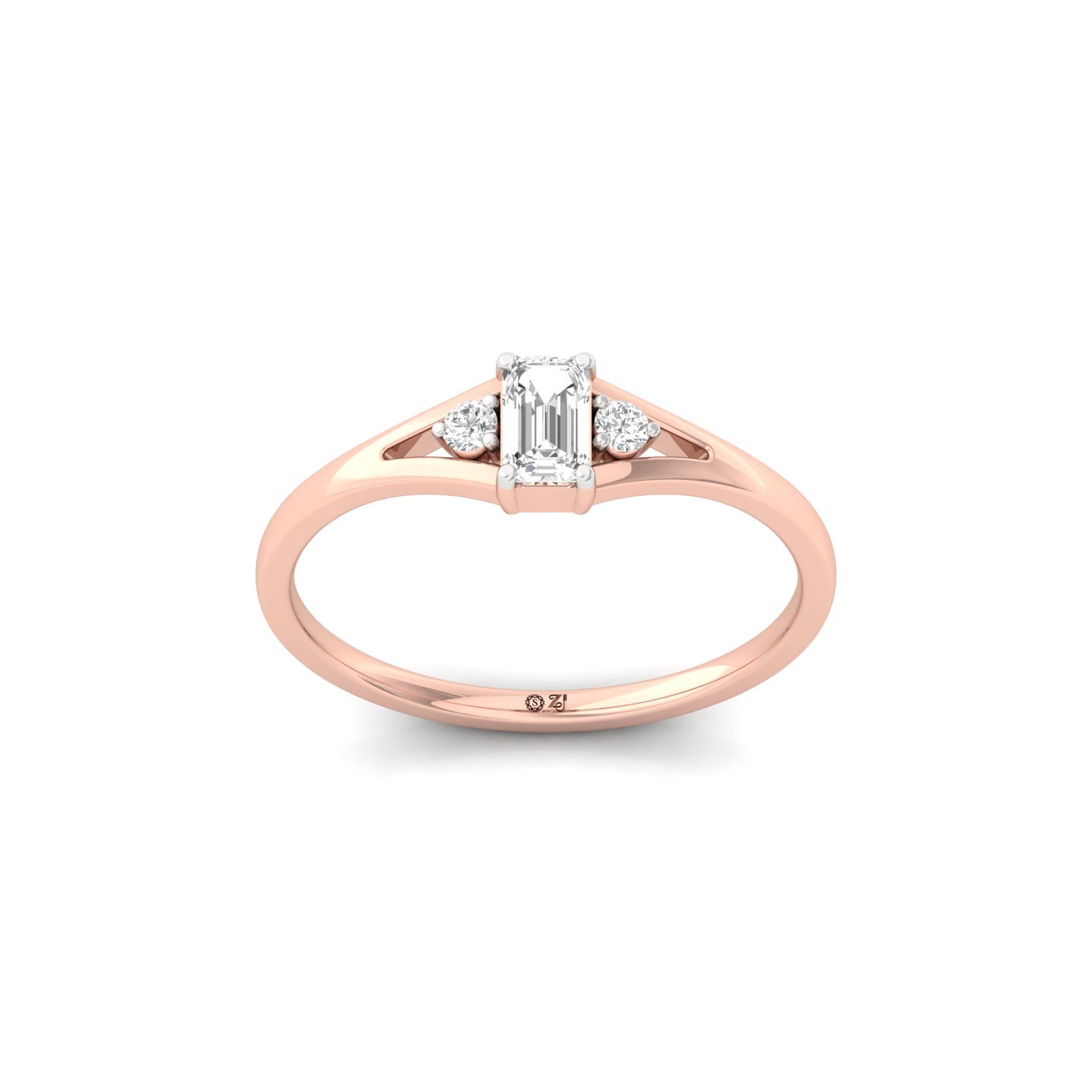 Emerald Cut Lab Grown Diamond Ring | Three Stone Split Band Ring | Minimalist Engagement Ring - Rose Gold Main View