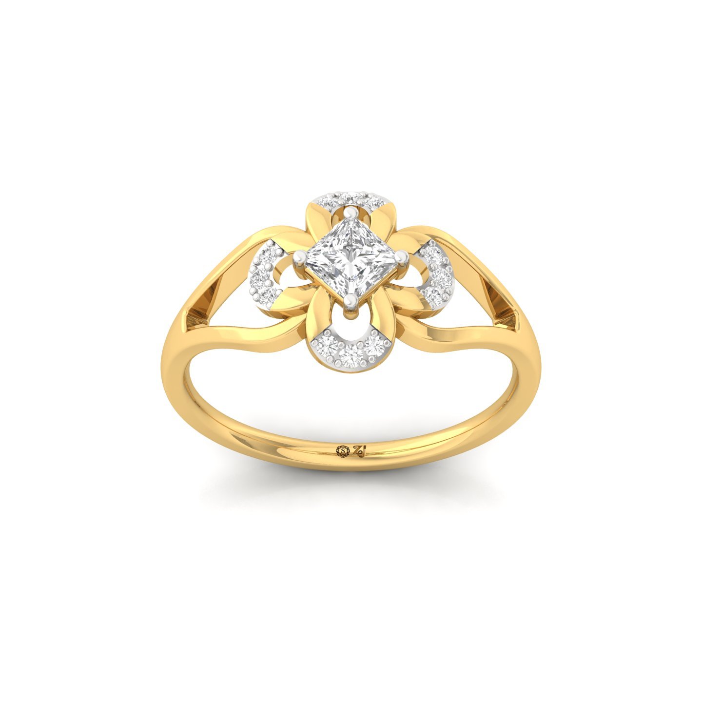 Princess Cut Lab Grown Diamond Floral Engagement Ring | Unique Vintage-Inspired Ring - Gold Main View