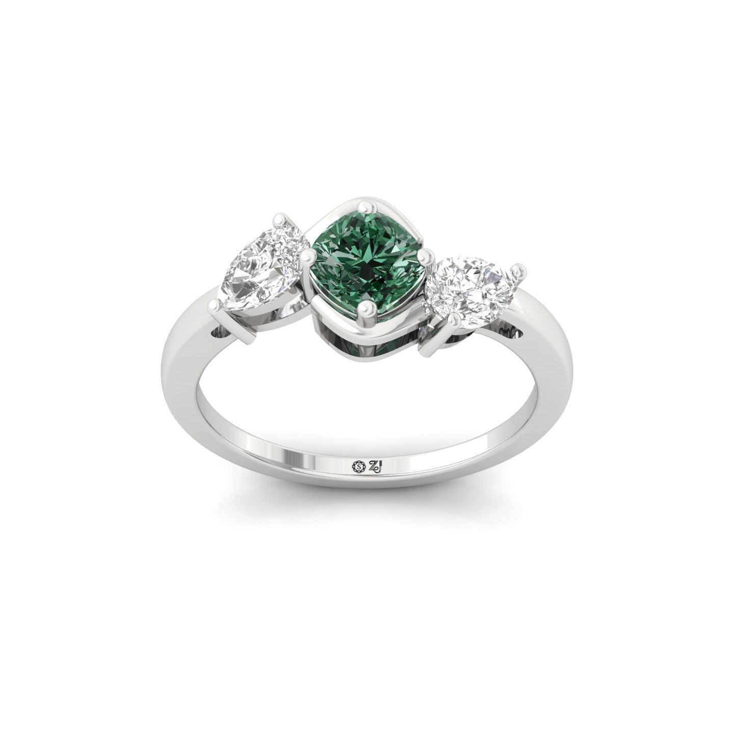 Cushion Square Green Diamond Three Stone Engagement Ring | Lab Grown CVD Diamond Ring with Pear Cut Accents | 925 Silver | 10K | 14K | 18K - Main View