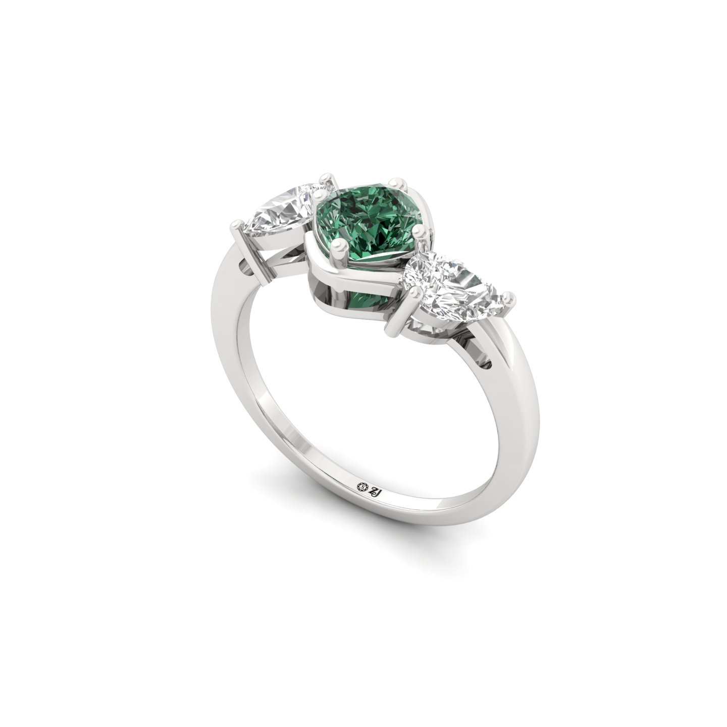 Cushion Square Green Diamond Three Stone Engagement Ring | Lab Grown CVD Diamond Ring with Pear Cut Accents | 925 Silver | 10K | 14K | 18K - View 2