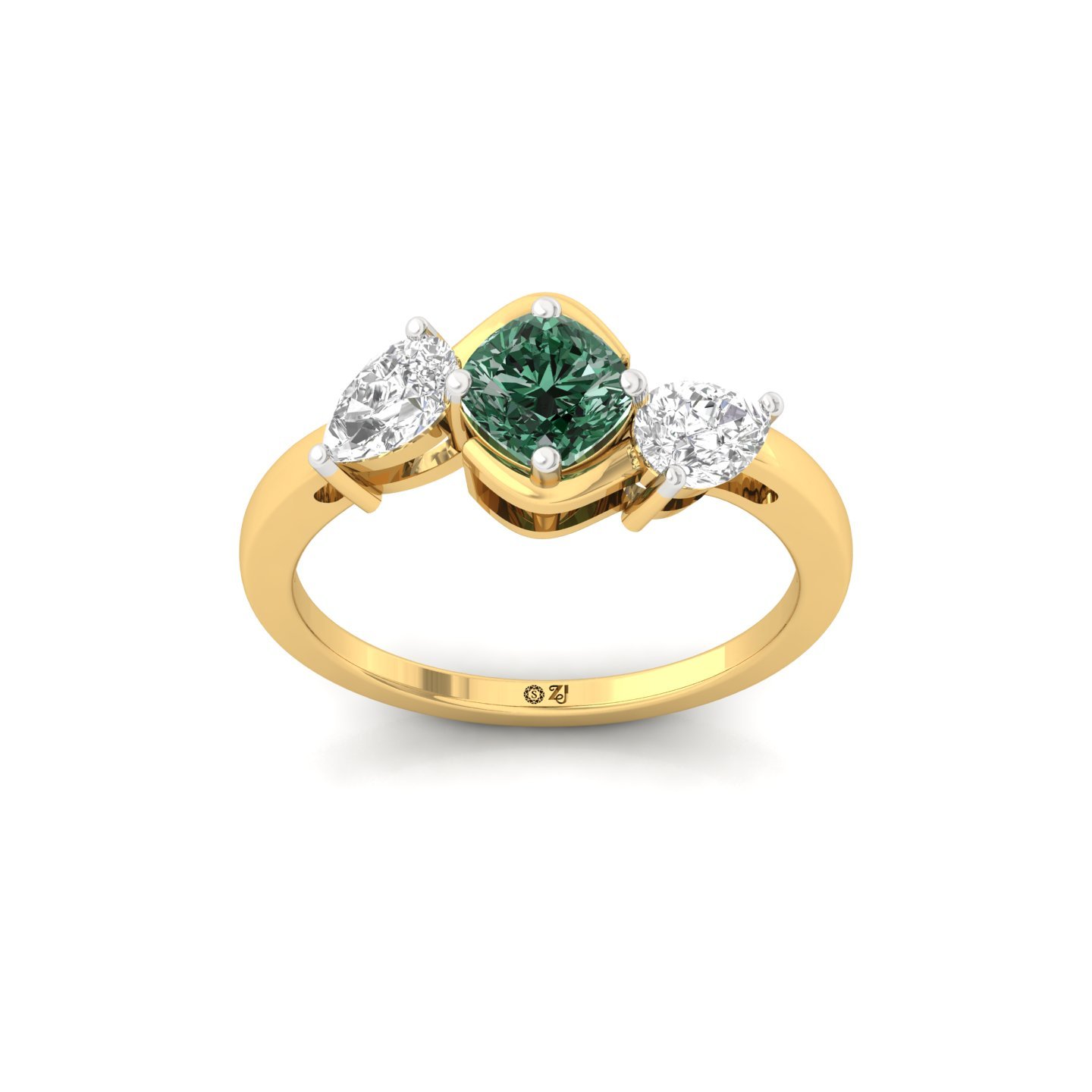 Cushion Square Green Diamond Three Stone Engagement Ring | Lab Grown CVD Diamond Ring with Pear Cut Accents | 925 Silver | 10K | 14K | 18K - Gold Main View