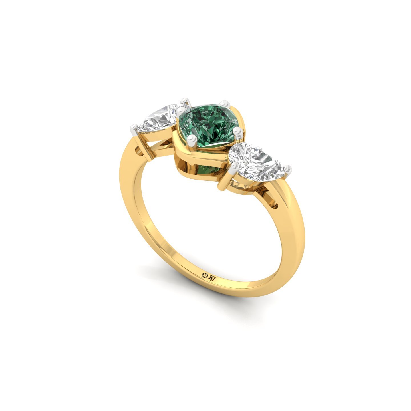 Cushion Square Green Diamond Three Stone Engagement Ring | Lab Grown CVD Diamond Ring with Pear Cut Accents | 925 Silver | 10K | 14K | 18K - View 2