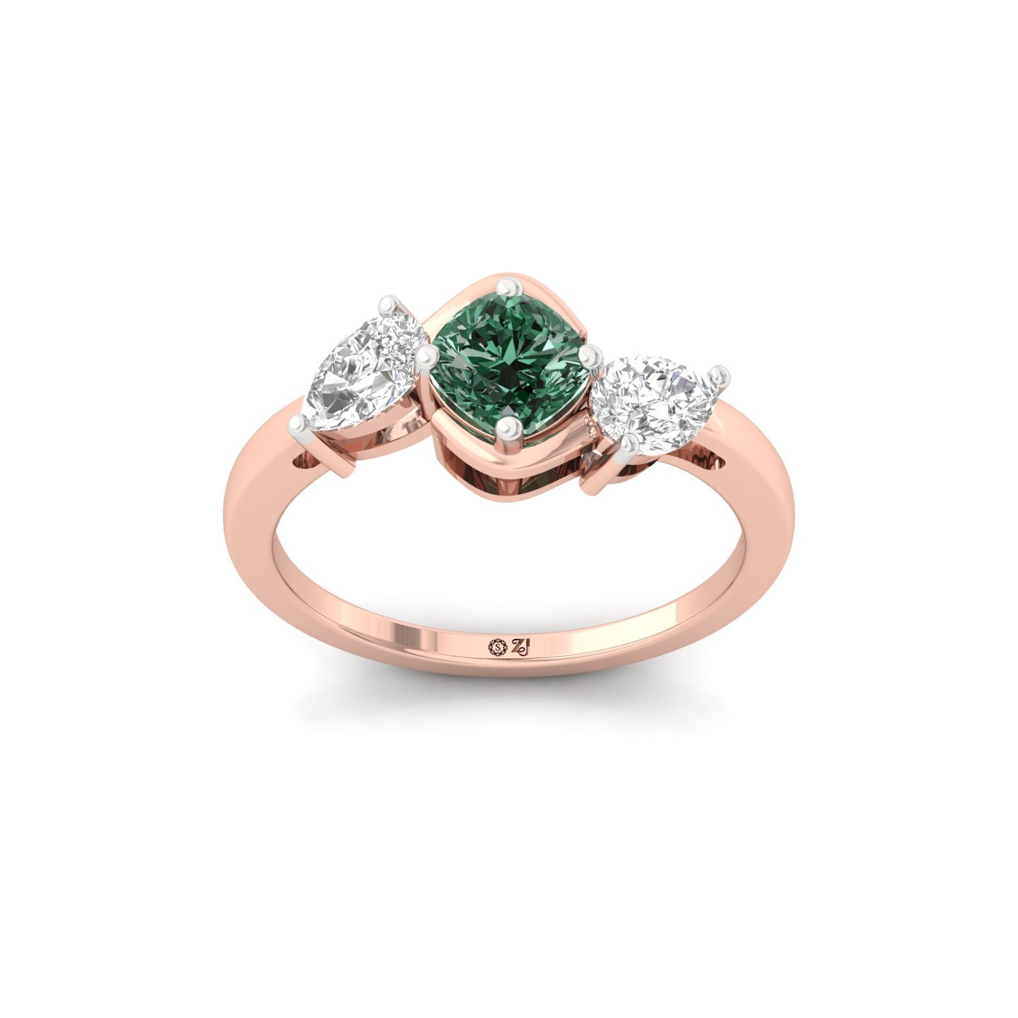 Cushion Square Green Diamond Three Stone Engagement Ring | Lab Grown CVD Diamond Ring with Pear Cut Accents | 925 Silver | 10K | 14K | 18K - Rose Gold Main View