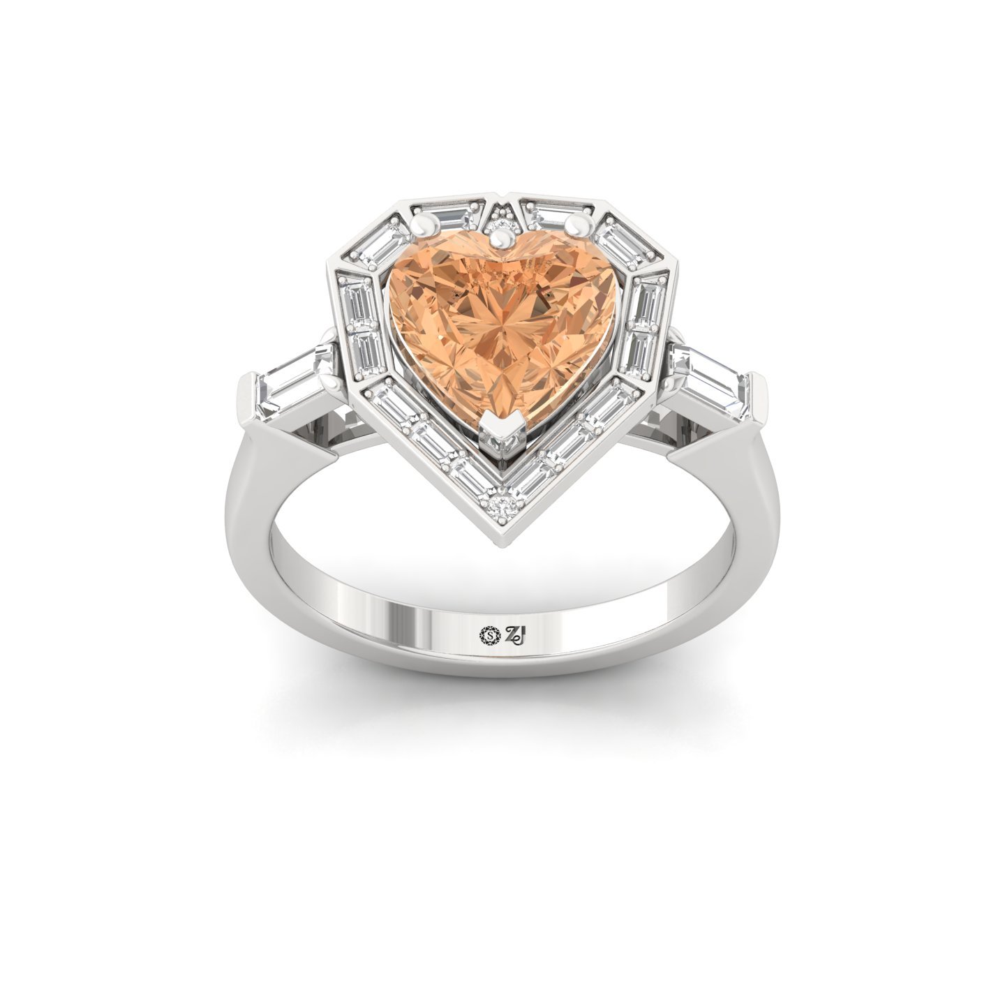 Heart Cut Fancy Peach Diamond Engagement Ring | Lab Grown CVD Diamond Ring with Baguette Halo | 925 Silver | 10K | 14K | 18K - Main View