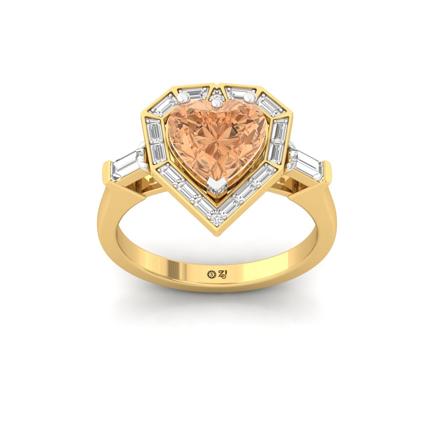 Heart Cut Fancy Peach Diamond Engagement Ring | Lab Grown CVD Diamond Ring with Baguette Halo | 925 Silver | 10K | 14K | 18K - Gold Main View