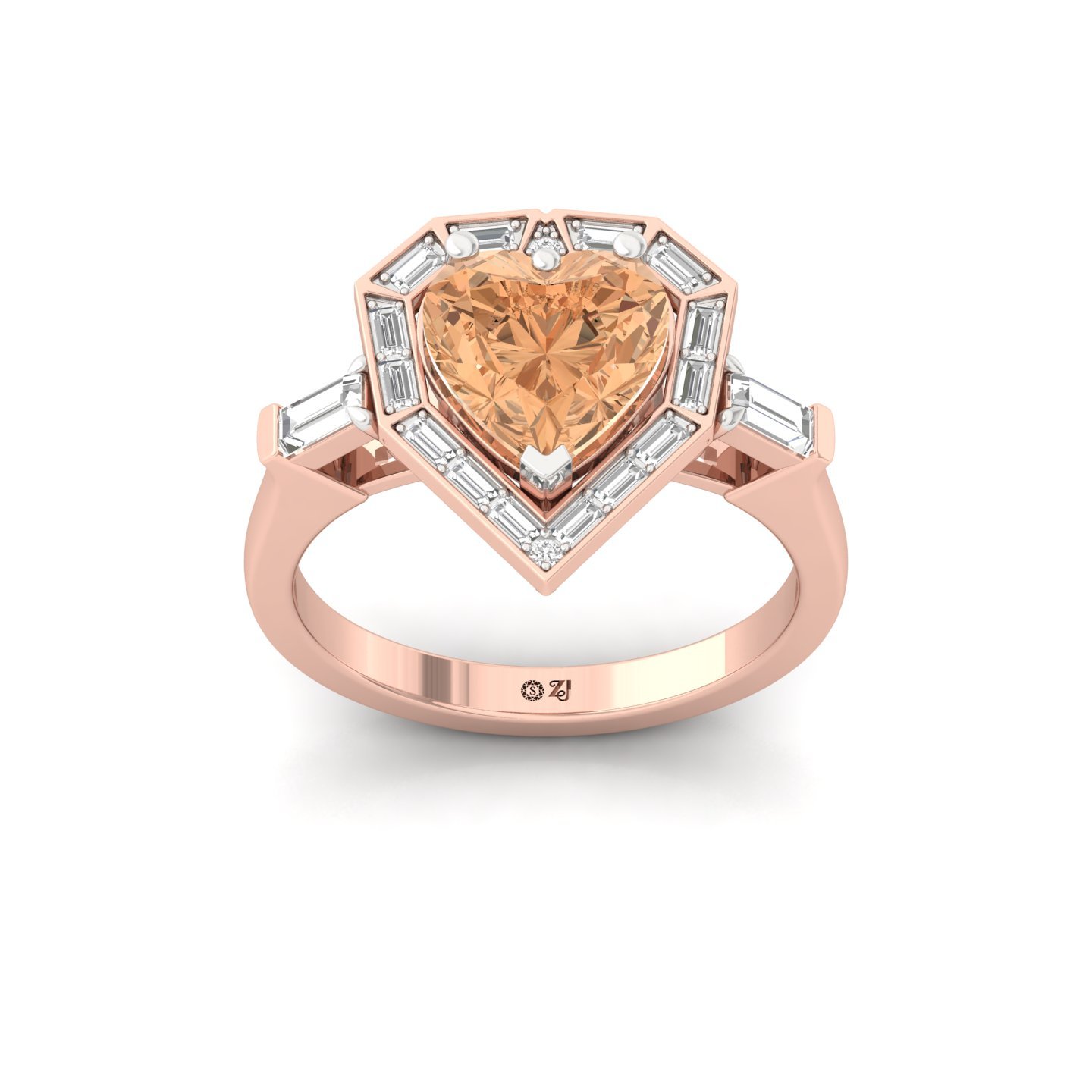 Heart Cut Fancy Peach Diamond Engagement Ring | Lab Grown CVD Diamond Ring with Baguette Halo | 925 Silver | 10K | 14K | 18K - Rose Gold Main View