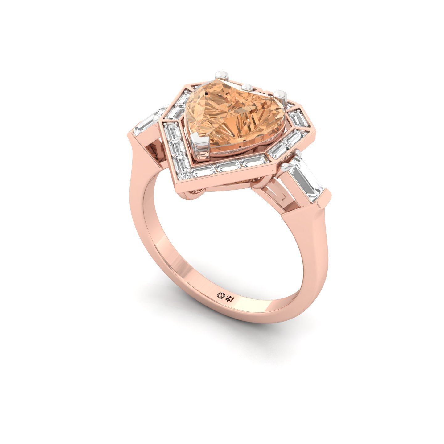Heart Cut Fancy Peach Diamond Engagement Ring | Lab Grown CVD Diamond Ring with Baguette Halo | 925 Silver | 10K | 14K | 18K - View 2