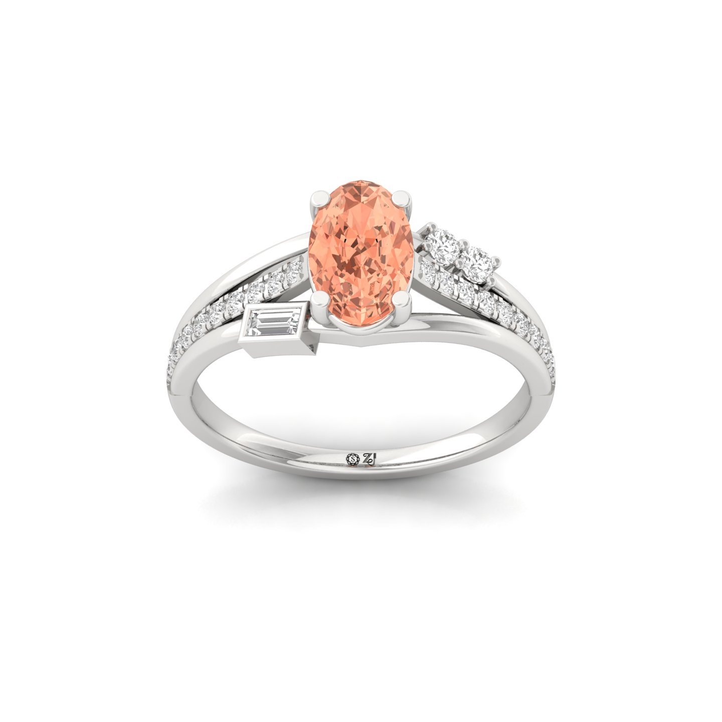 Oval Cut Fancy Peach Diamond Engagement Ring | Lab Grown CVD Diamond Ring with Side Stones & Baguette Accents | 925 Silver | 10K | 14K | 18K - Main View