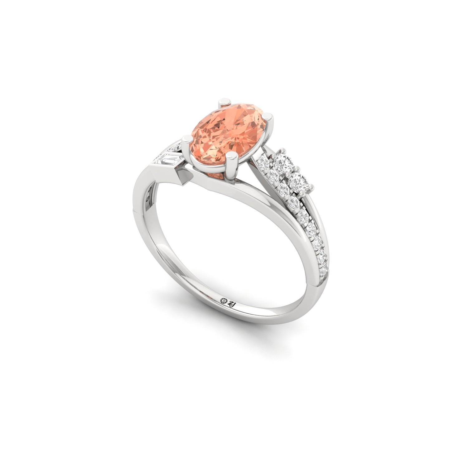 Oval Cut Fancy Peach Diamond Engagement Ring | Lab Grown CVD Diamond Ring with Side Stones & Baguette Accents | 925 Silver | 10K | 14K | 18K - View 2