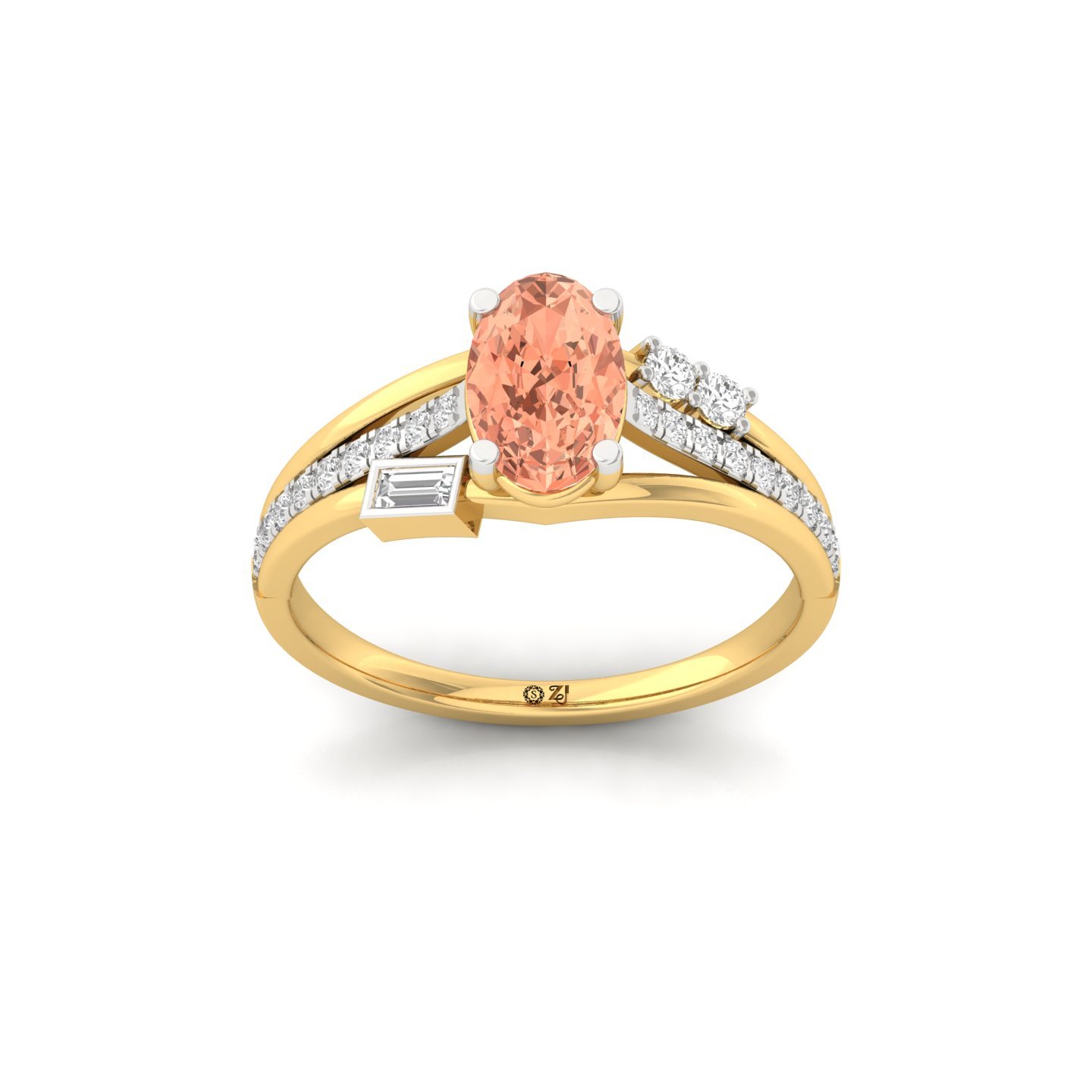 Oval Cut Fancy Peach Diamond Engagement Ring | Lab Grown CVD Diamond Ring with Side Stones & Baguette Accents | 925 Silver | 10K | 14K | 18K - Gold Main View