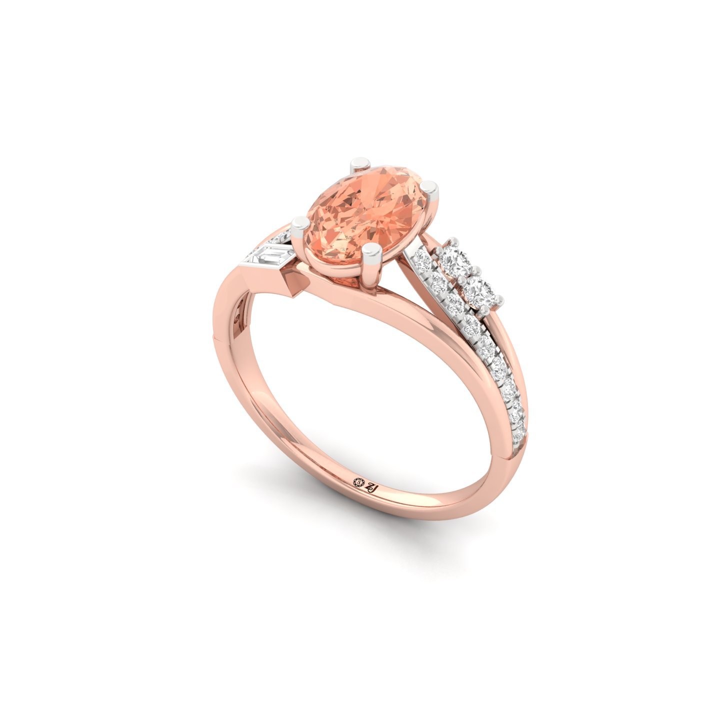 Oval Cut Fancy Peach Diamond Engagement Ring | Lab Grown CVD Diamond Ring with Side Stones & Baguette Accents | 925 Silver | 10K | 14K | 18K - View 2