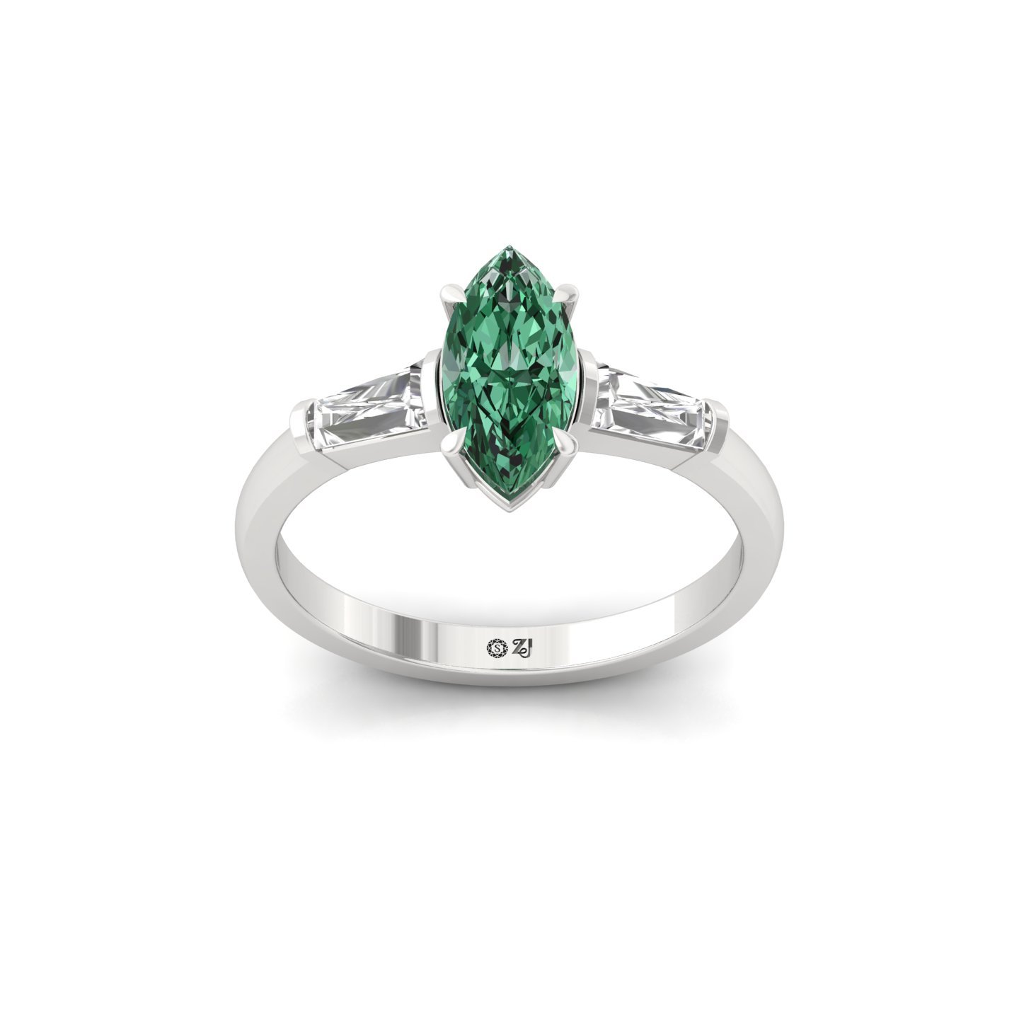 Marquise Cut Green Diamond Engagement Ring | Lab Grown CVD Diamond with Baguette Accents | 925 Silver | 10K | 14K | 18K - Main View