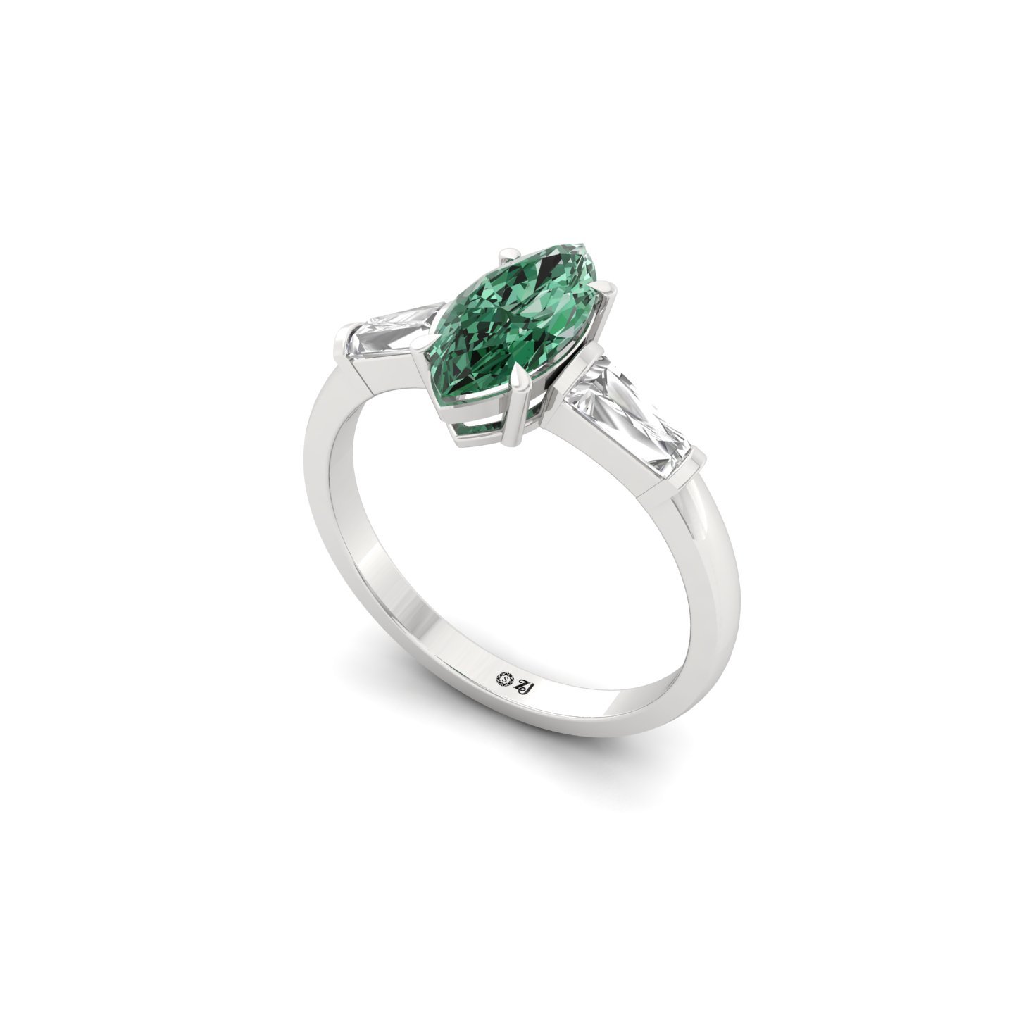 Marquise Cut Green Diamond Engagement Ring | Lab Grown CVD Diamond with Baguette Accents | 925 Silver | 10K | 14K | 18K - View 2