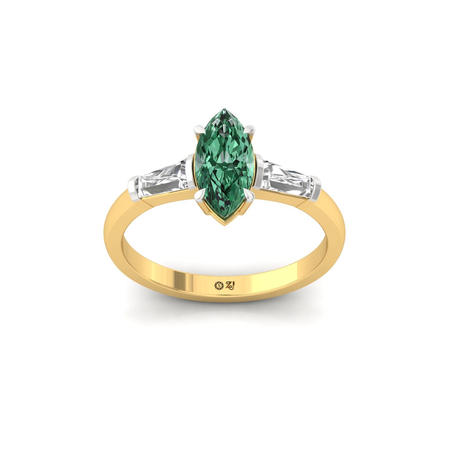 Marquise Cut Green Diamond Engagement Ring | Lab Grown CVD Diamond with Baguette Accents | 925 Silver | 10K | 14K | 18K - Gold Main View