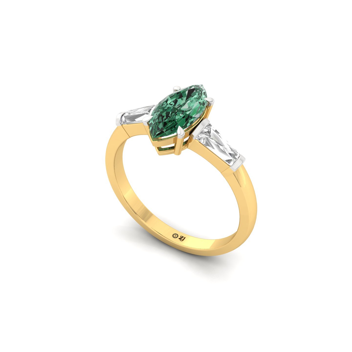 Marquise Cut Green Diamond Engagement Ring | Lab Grown CVD Diamond with Baguette Accents | 925 Silver | 10K | 14K | 18K - View 2