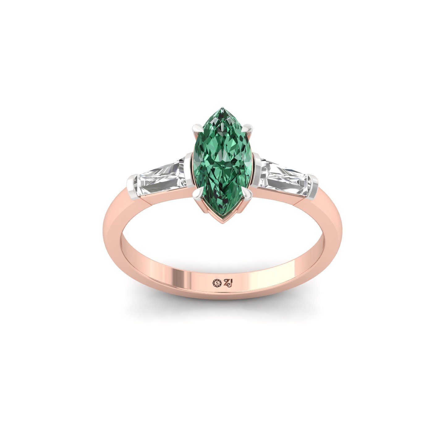 Marquise Cut Green Diamond Engagement Ring | Lab Grown CVD Diamond with Baguette Accents | 925 Silver | 10K | 14K | 18K - Rose Gold Main View