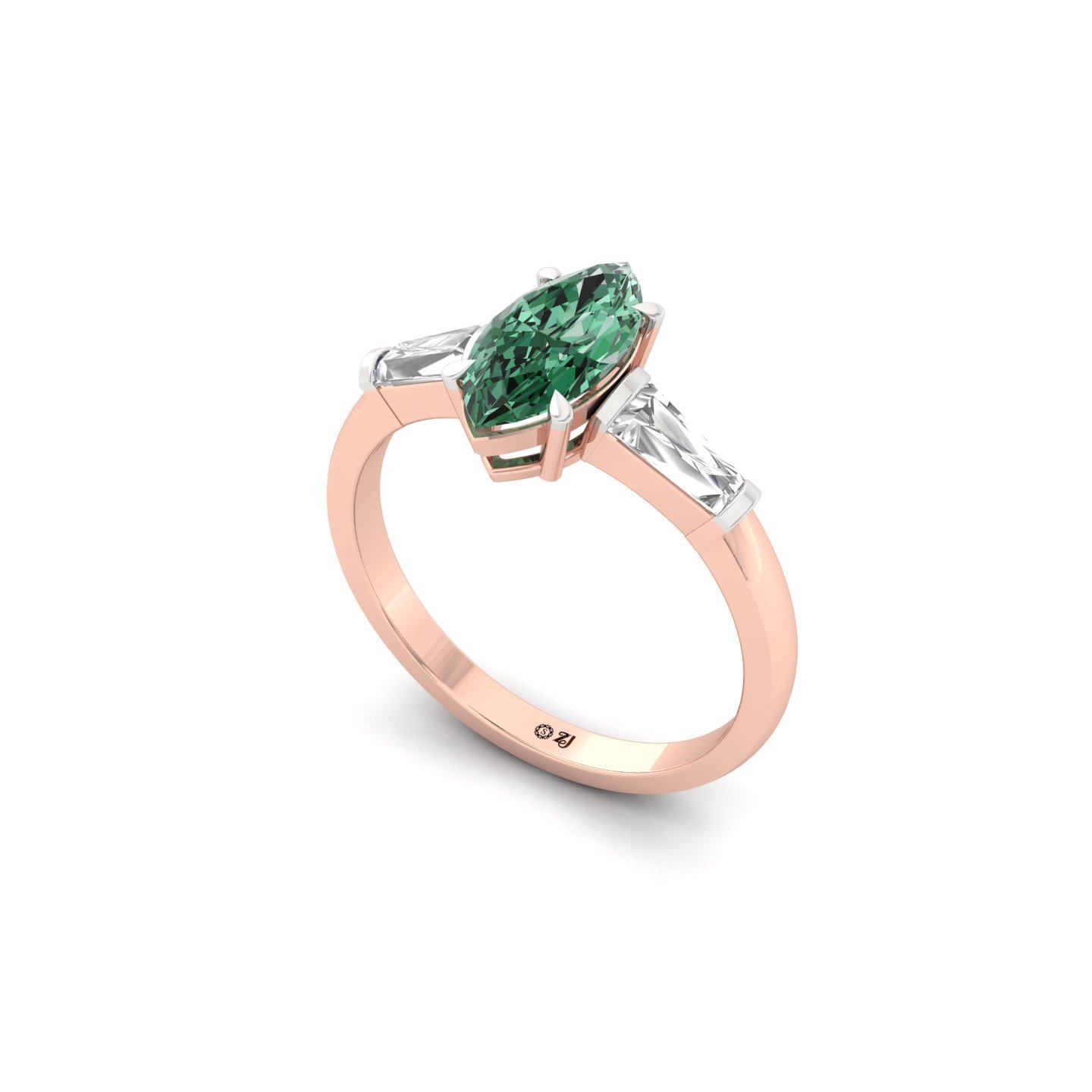 Marquise Cut Green Diamond Engagement Ring | Lab Grown CVD Diamond with Baguette Accents | 925 Silver | 10K | 14K | 18K - View 2