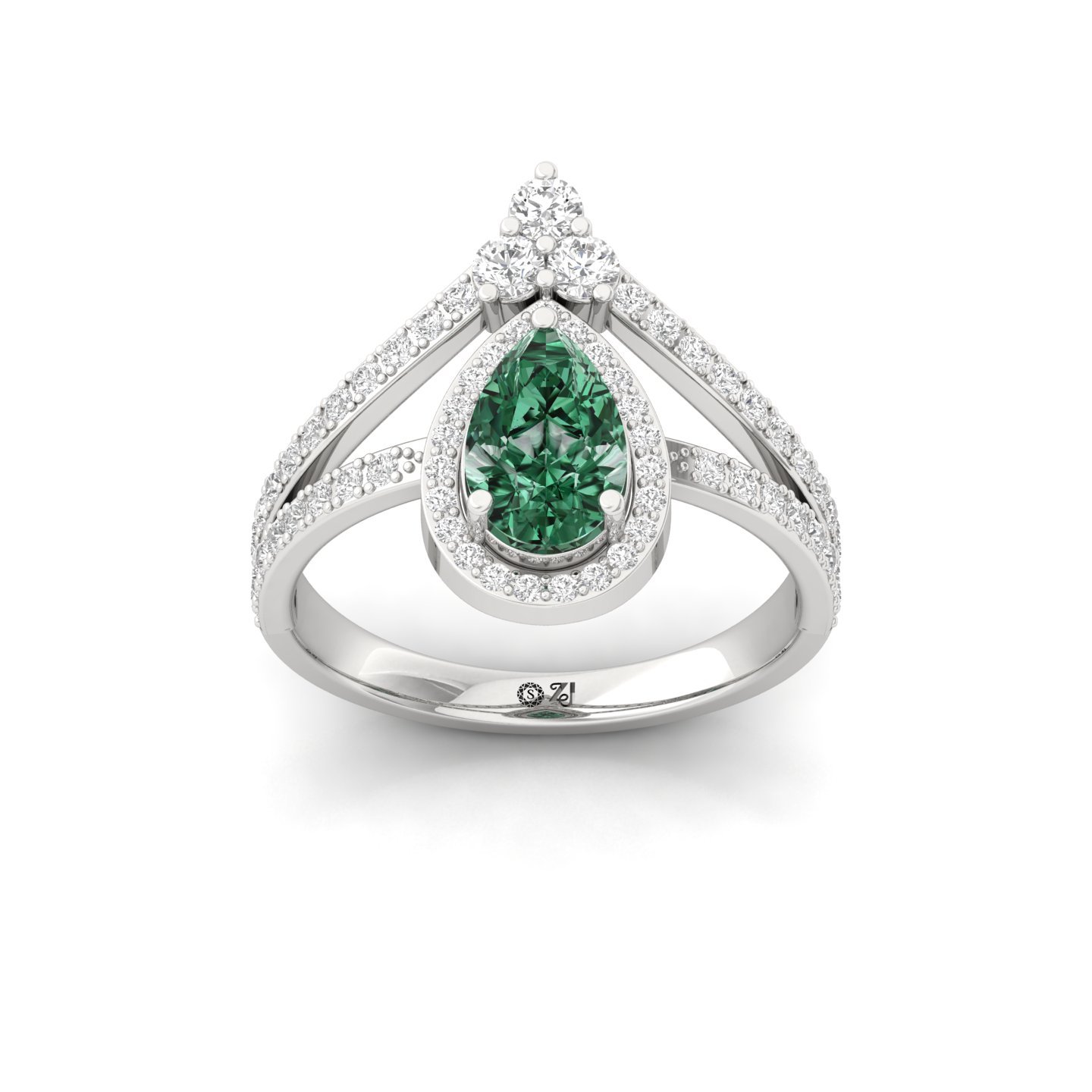 Pear Cut Green Diamond Halo Engagement Ring | Lab Grown CVD Diamond Statement Ring | 925 Silver | 10K | 14K | 18K - Main View