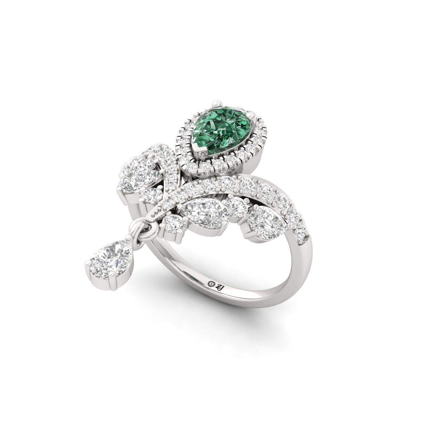 Pear Cut Green Diamond Designer Cocktail Ring | Lab Grown CVD Diamond Statement Jewellery | 925 Silver | 10K | 14K | 18K - View 2