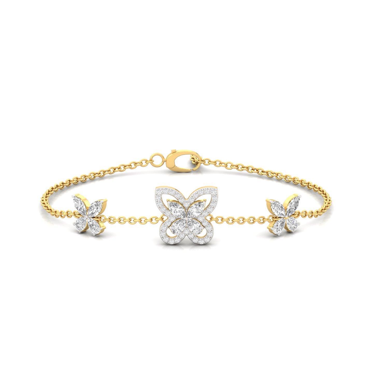Butterfly Diamond Bracelet | Lab Grown Diamonds | Marquise & Pear Cut | Adjustable Chain | Silver & Gold - Gold Main View