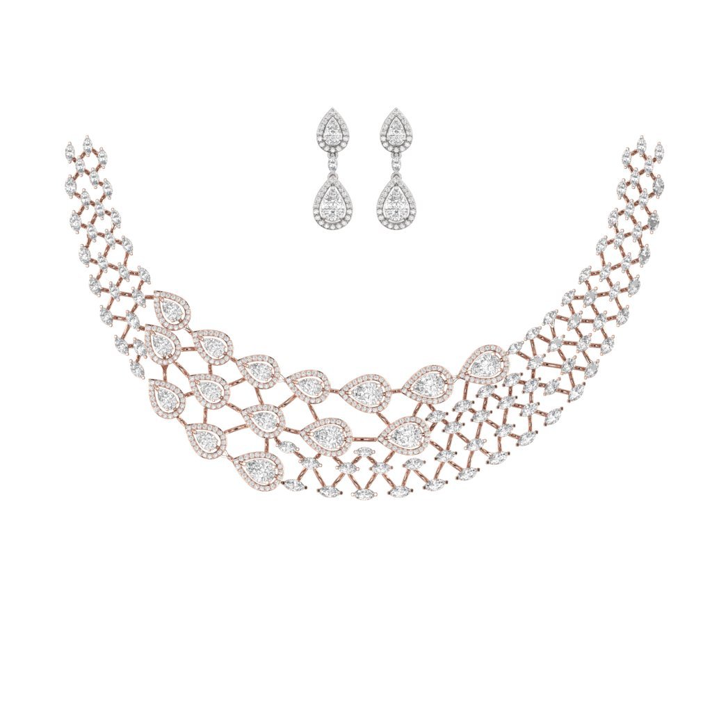 Pear & Marquise Diamond Necklace Set with Earrings | Lab Grown CVD Diamond Bridal Jewellery | 925 Silver | 10K | 14K | 18K - View 3