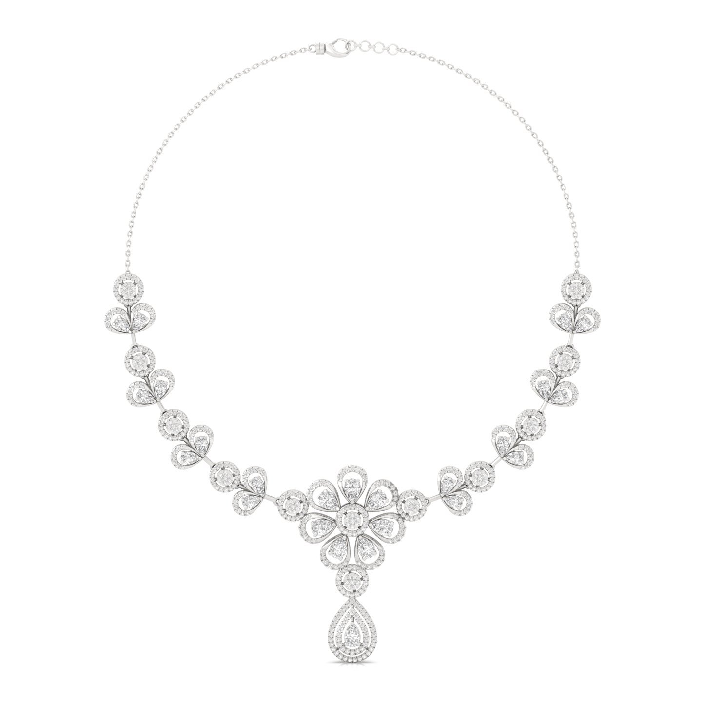 Round & Pear Diamond Floral Necklace | Lab Grown CVD Diamond Bridal Jewellery | 925 Silver | 10K | 14K | 18K - Main View