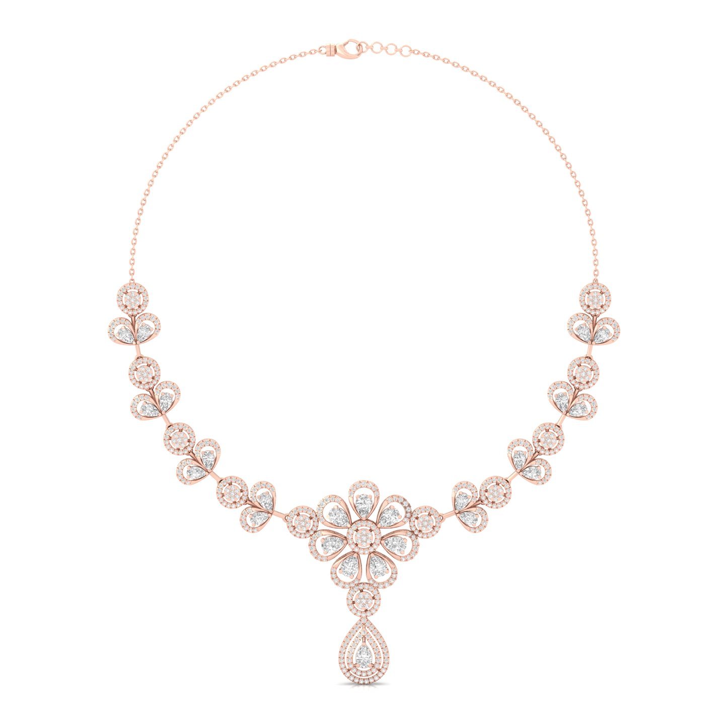 Round & Pear Diamond Floral Necklace | Lab Grown CVD Diamond Bridal Jewellery | 925 Silver | 10K | 14K | 18K - Rose Gold Main View