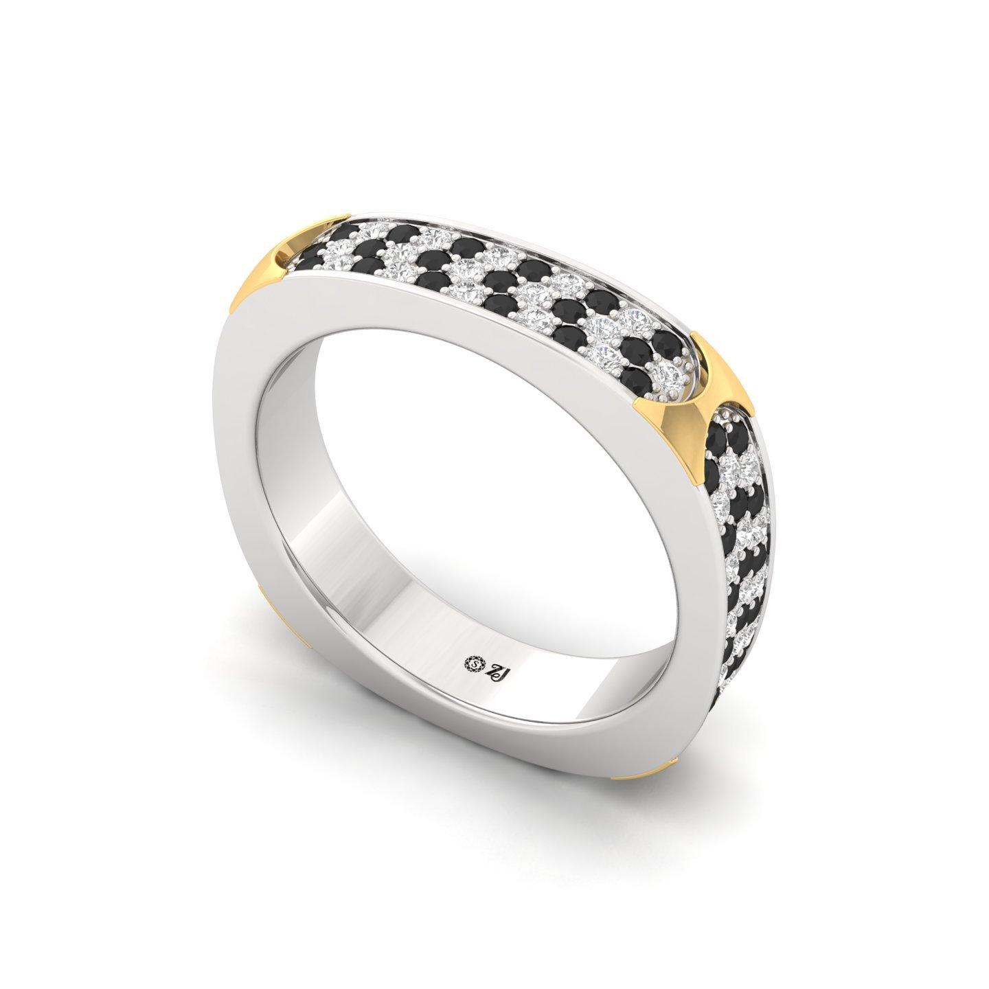 Men’s Black & White Diamond Band Ring | Modern Dual-Tone Design | Lab Grown CVD Diamonds | 925 Silver | 10K | 14K | 18K - View 2
