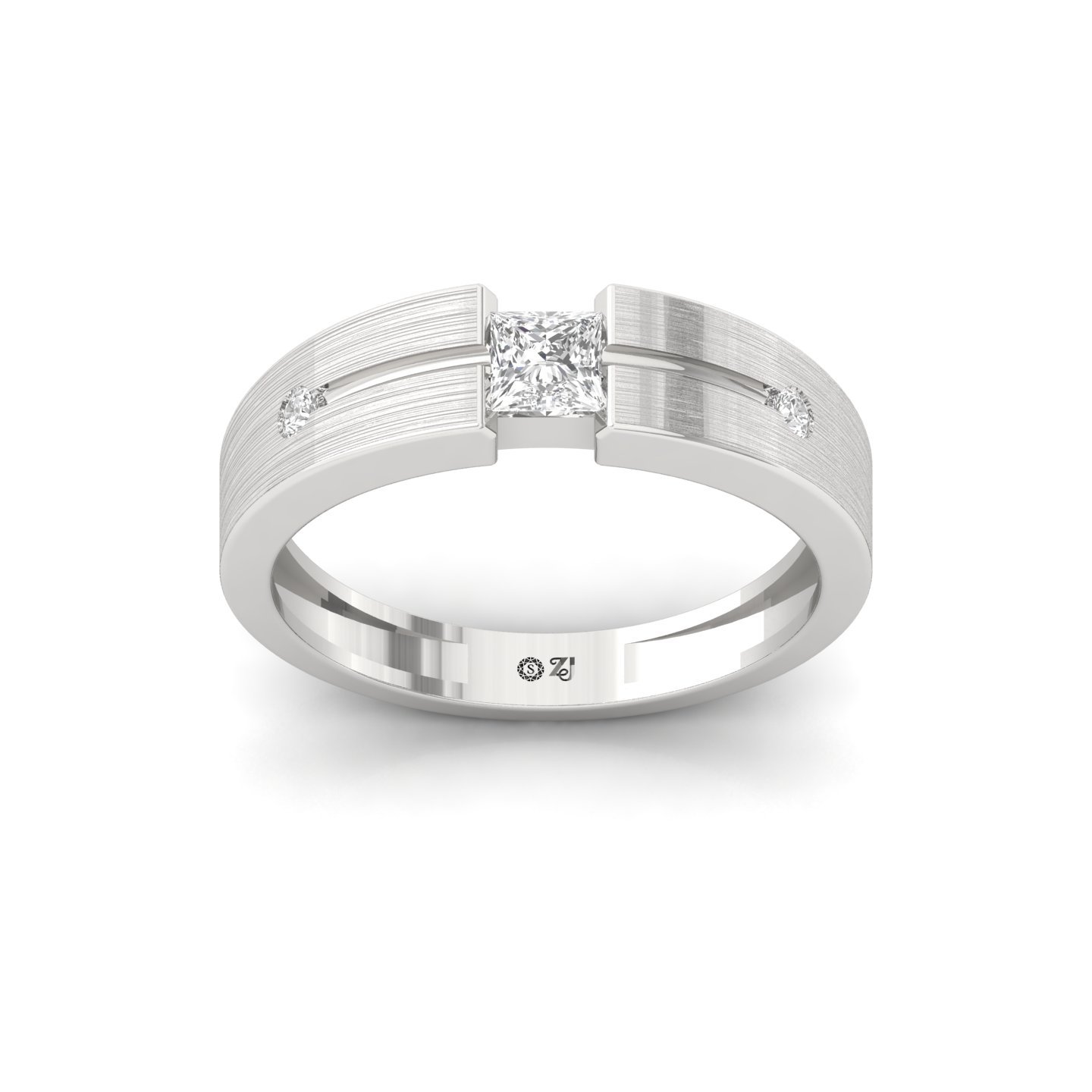 Men’s Diamond Ring | Princess Cut Center with Round Accents | Matte Finish Band | 925 Silver | 10K | 14K | 18K - Main View