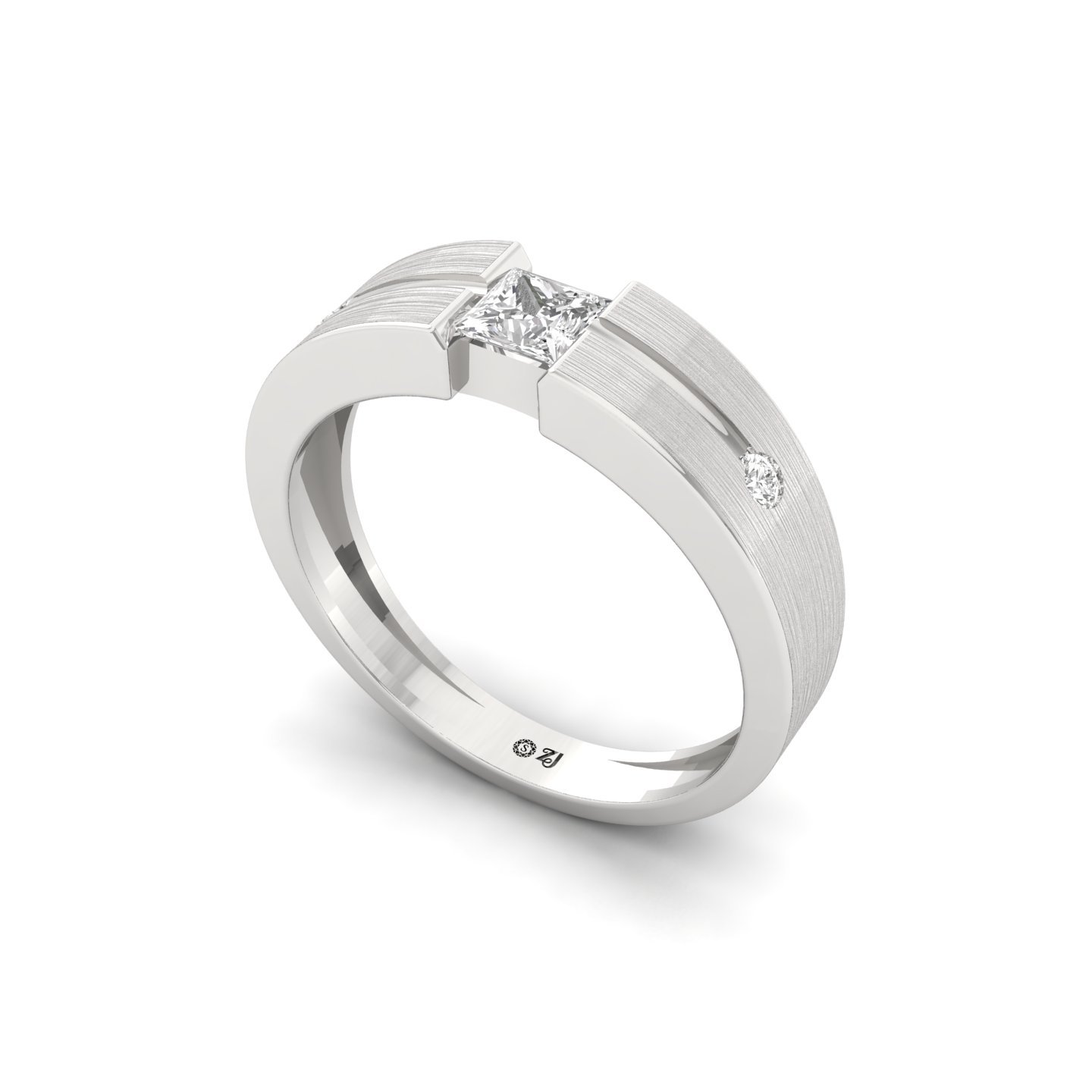 Men’s Diamond Ring | Princess Cut Center with Round Accents | Matte Finish Band | 925 Silver | 10K | 14K | 18K - View 2