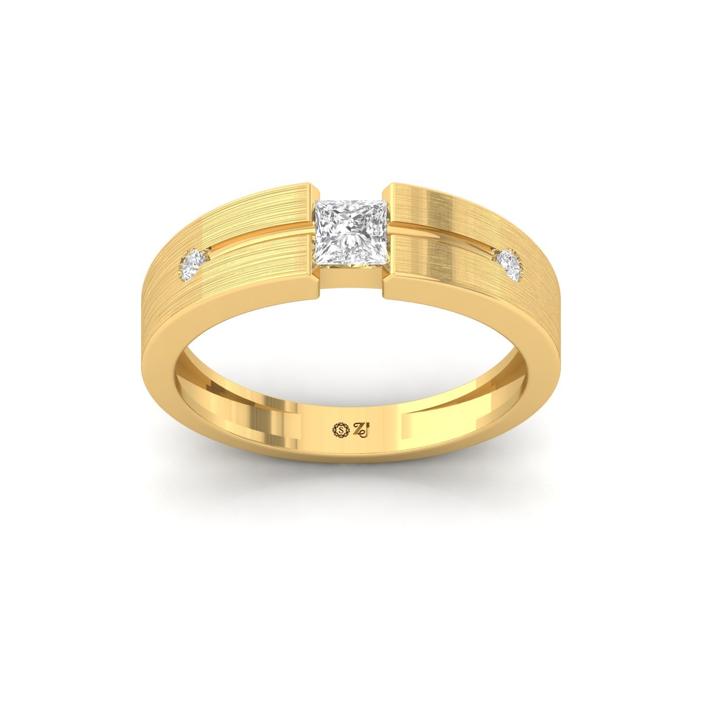 Men’s Diamond Ring | Princess Cut Center with Round Accents | Matte Finish Band | 925 Silver | 10K | 14K | 18K - Gold Main View