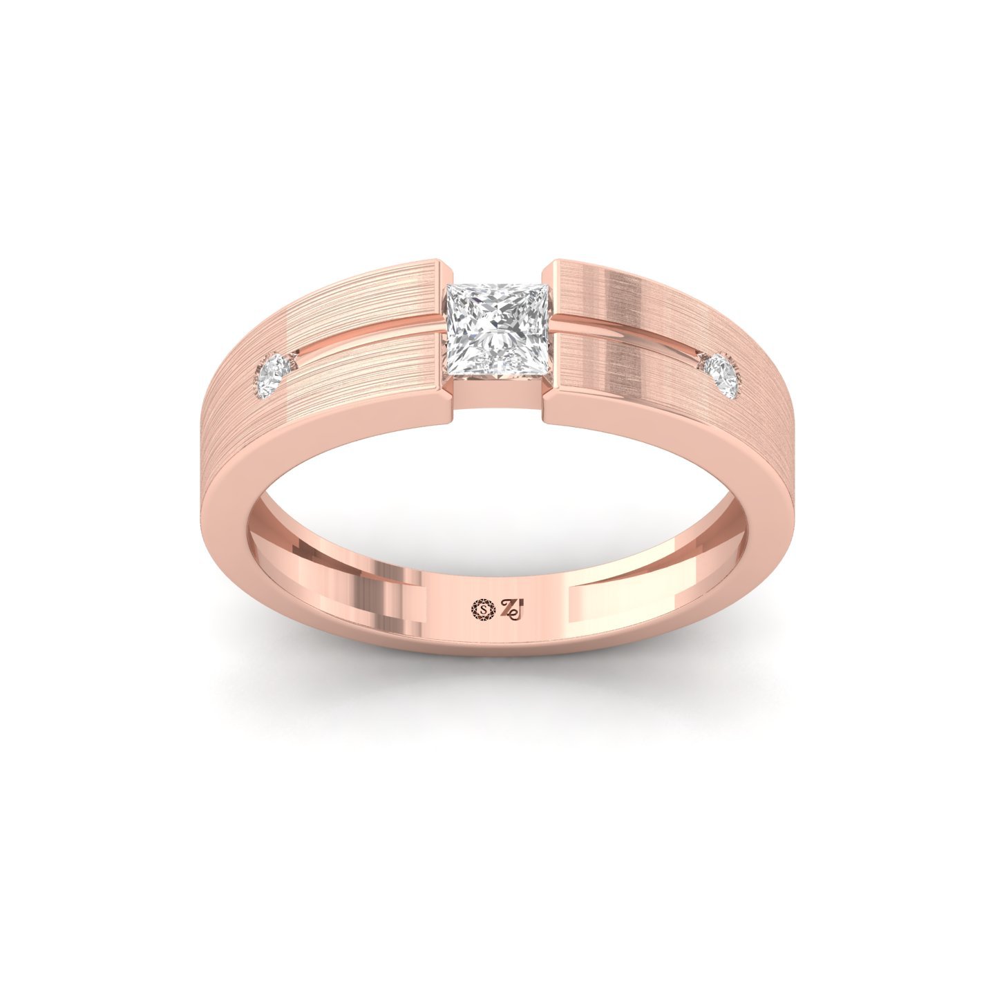 Men’s Diamond Ring | Princess Cut Center with Round Accents | Matte Finish Band | 925 Silver | 10K | 14K | 18K - Rose Gold Main View