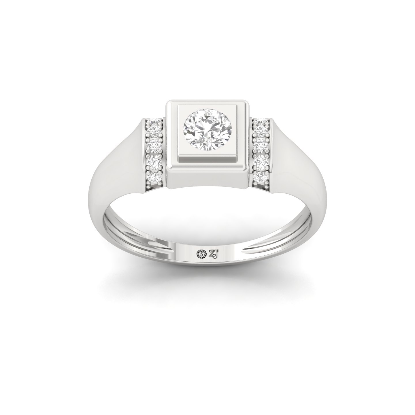 Men’s Diamond Ring | Bold Square Setting with Round Solitaire & Accent Diamonds | 925 Silver | 10K | 14K | 18K - Main View