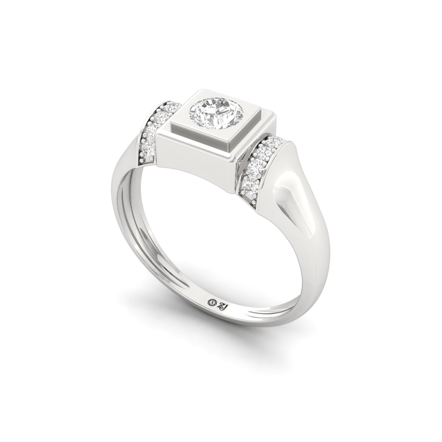 Men’s Diamond Ring | Bold Square Setting with Round Solitaire & Accent Diamonds | 925 Silver | 10K | 14K | 18K - View 2