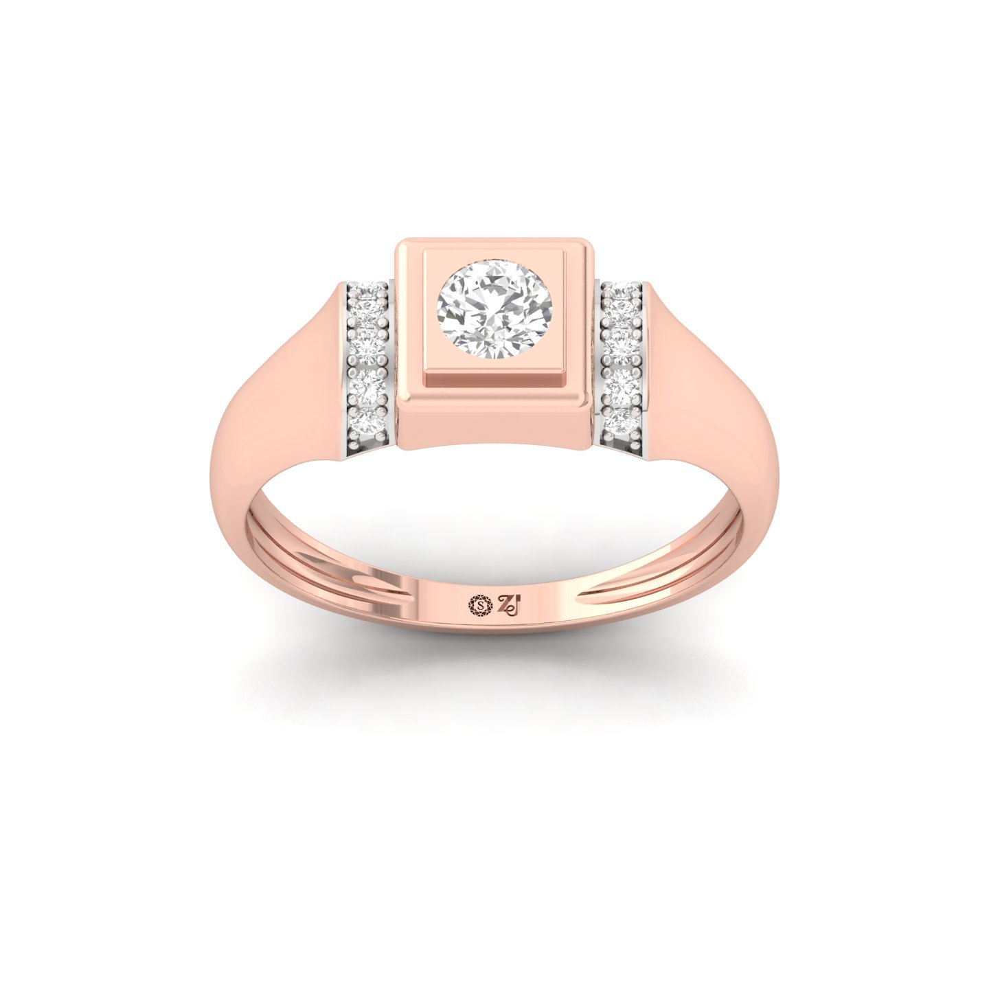 Men’s Diamond Ring | Bold Square Setting with Round Solitaire & Accent Diamonds | 925 Silver | 10K | 14K | 18K - Rose Gold Main View