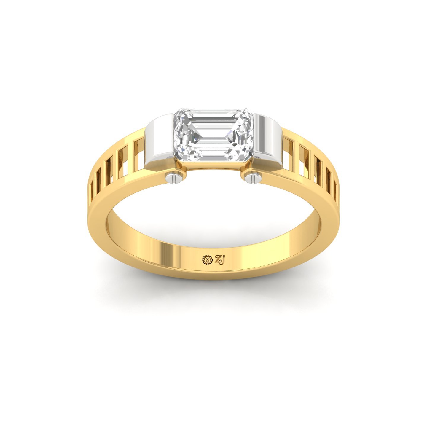 Men’s Emerald Cut Diamond Ring | Bold Solitaire Design with Dual-Tone Band | 925 Silver | 10K | 14K | 18K - Gold Main View