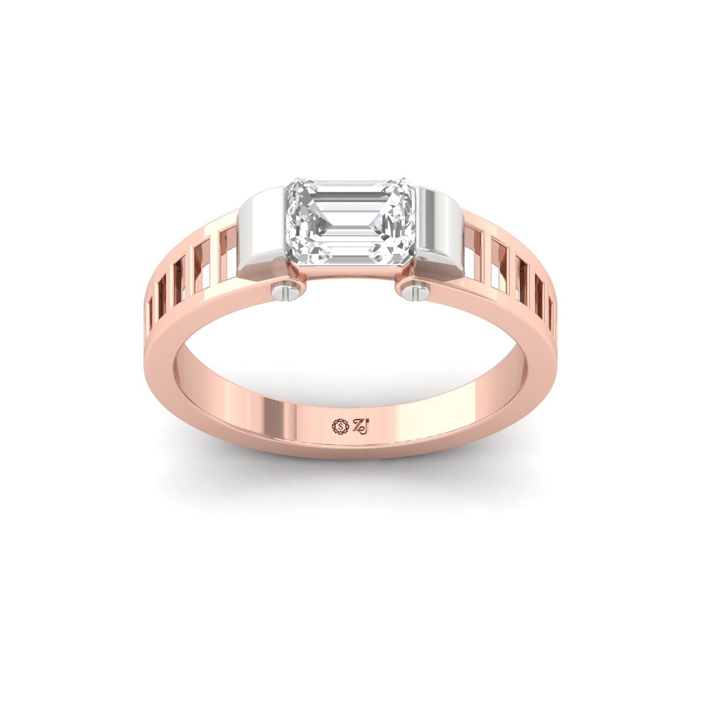 Men’s Emerald Cut Diamond Ring | Bold Solitaire Design with Dual-Tone Band | 925 Silver | 10K | 14K | 18K - Rose Gold Main View