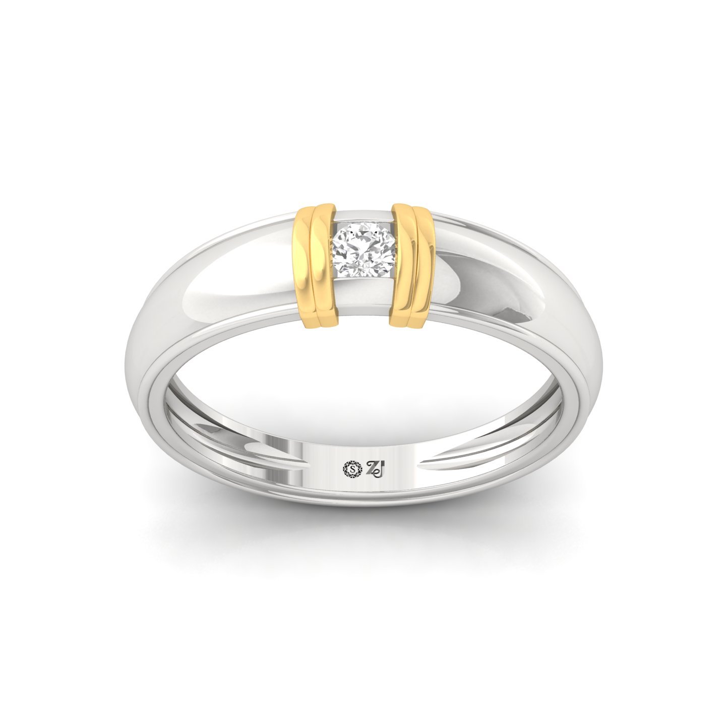 Round Cut Diamond Men’s Two-Tone Band Ring | Lab Grown CVD Diamond Solitaire Ring | 925 Silver | 10K | 14K | 18K - Main View