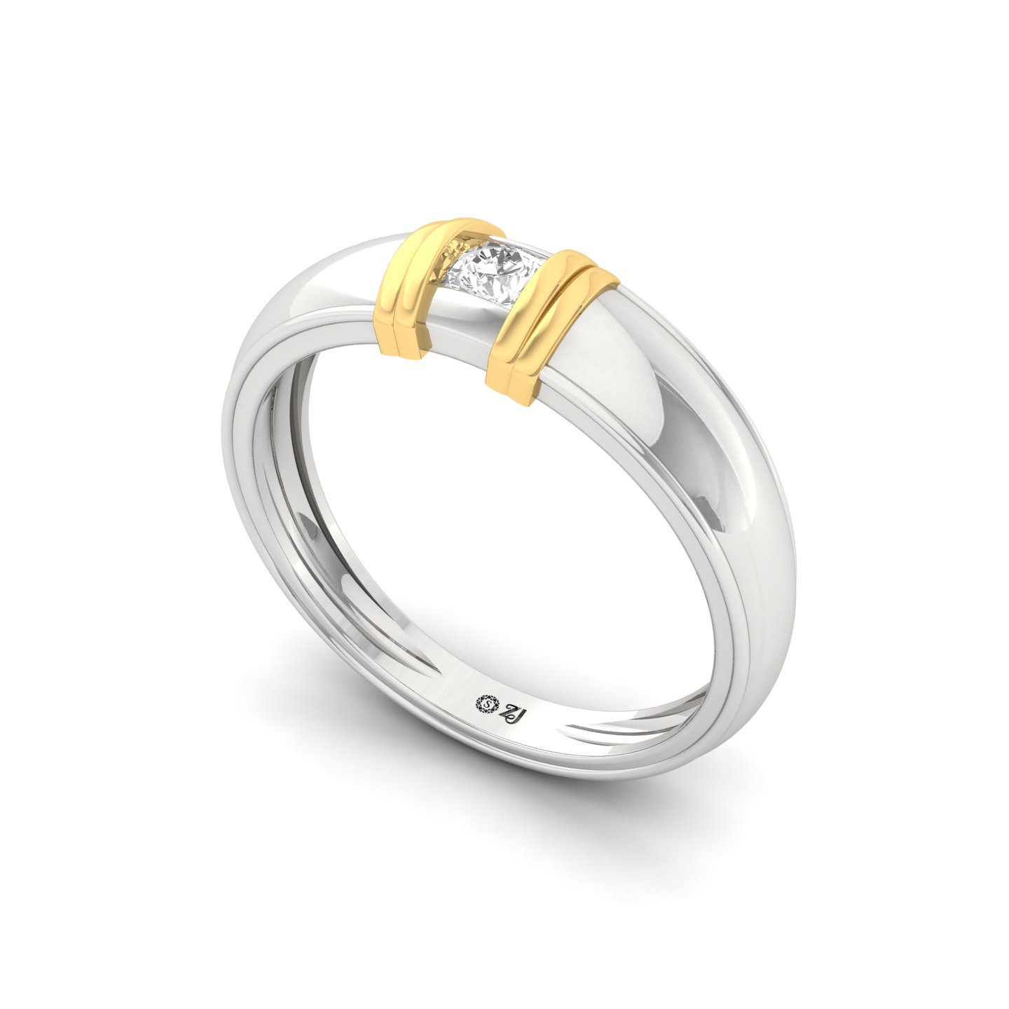 Round Cut Diamond Men’s Two-Tone Band Ring | Lab Grown CVD Diamond Solitaire Ring | 925 Silver | 10K | 14K | 18K - View 2