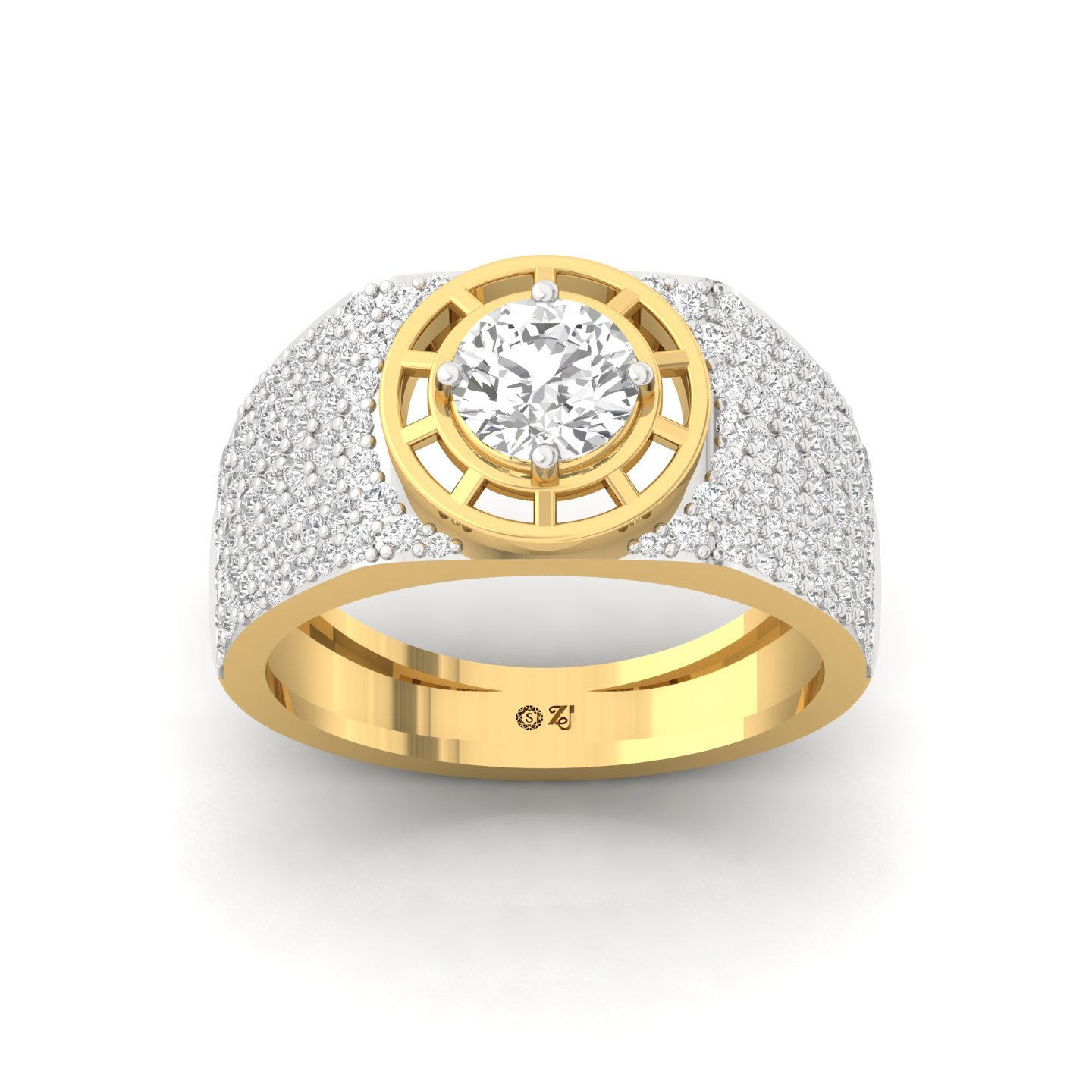 Round Cut Diamond Men’s Luxury Statement Ring | Lab Grown CVD Diamond Multi-Row Pavé Ring | 925 Silver | 10K | 14K | 18K - Gold Main View