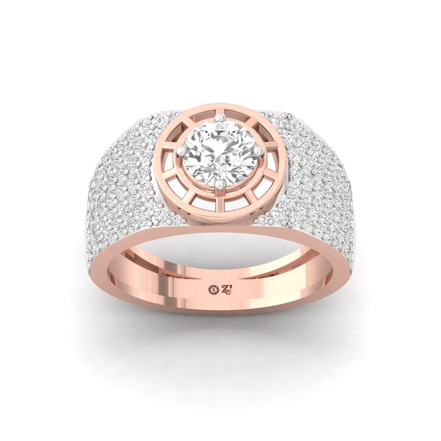 Round Cut Diamond Men’s Luxury Statement Ring | Lab Grown CVD Diamond Multi-Row Pavé Ring | 925 Silver | 10K | 14K | 18K - Rose Gold Main View