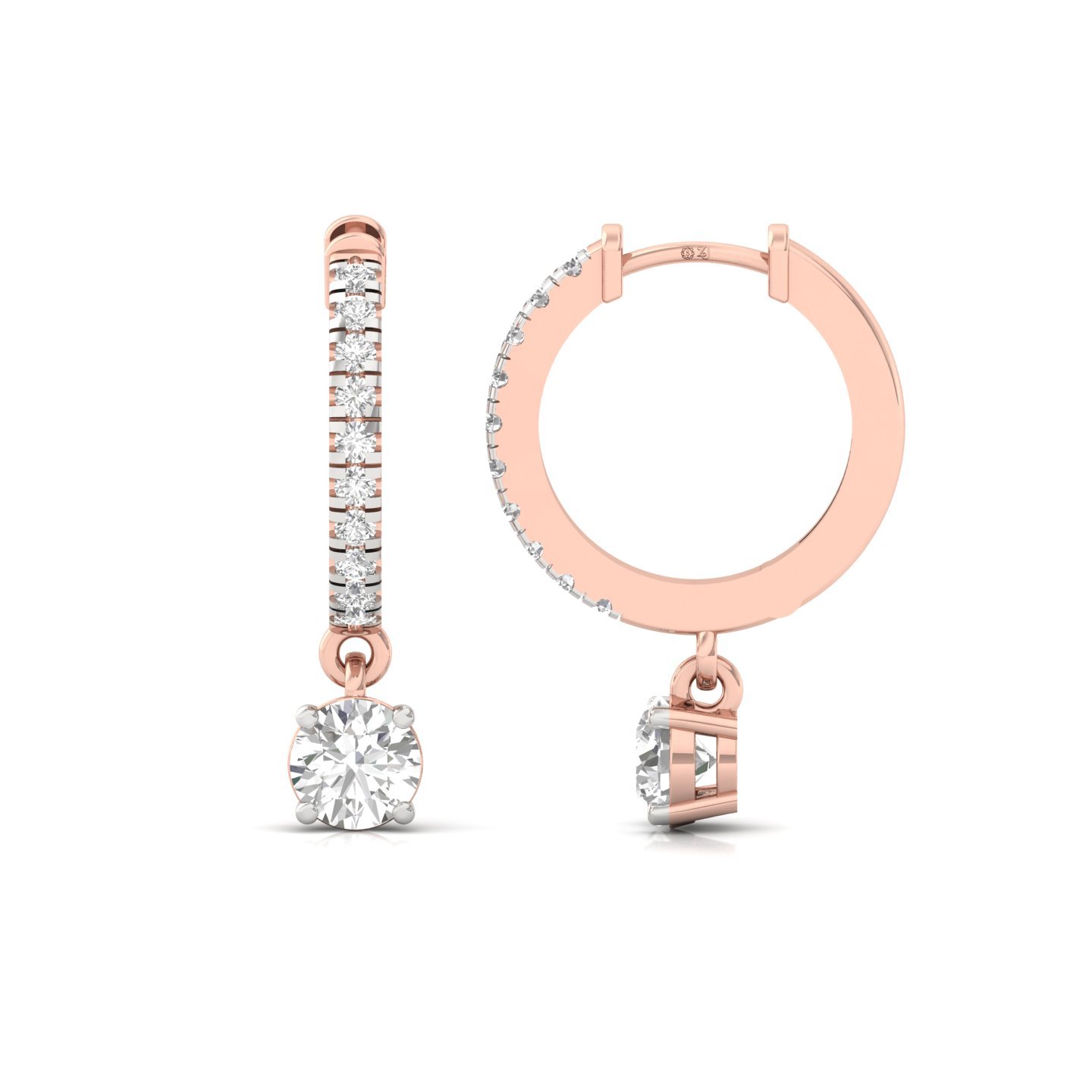 Round Diamond Hoop Earrings with Solitaire Drop | Lab Grown Diamonds | 925 Silver | 10K | 14K | 18K Gold - Rose Gold Main View