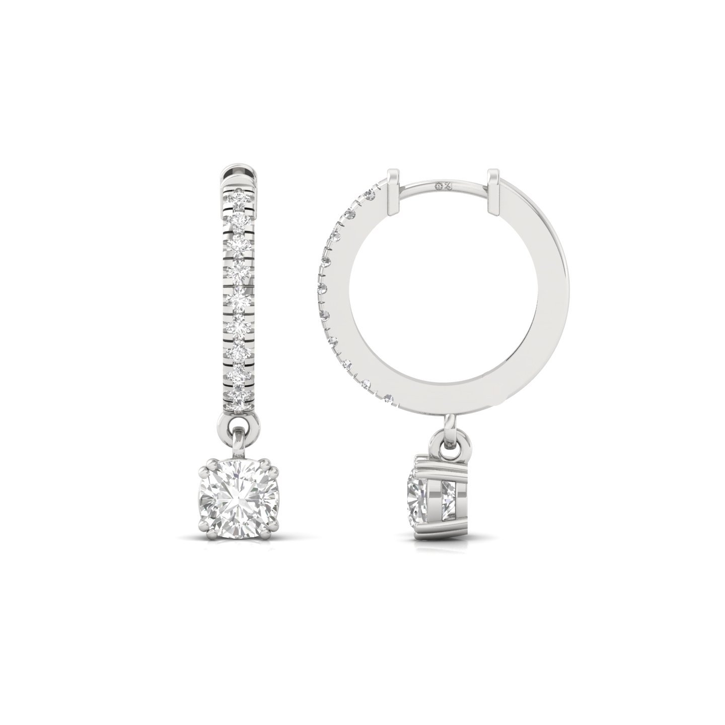 Cushion Cut Diamond Drop Hoop Earrings | Lab Grown Diamond Hoops | Silver & Gold - Main View