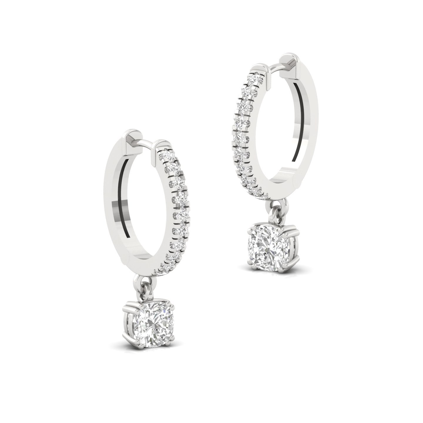Cushion Cut Diamond Drop Hoop Earrings | Lab Grown Diamond Hoops | Silver & Gold - View 3