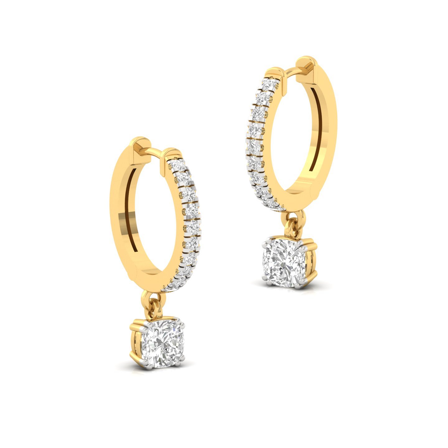 Cushion Cut Diamond Drop Hoop Earrings | Lab Grown Diamond Hoops | Silver & Gold - View 3