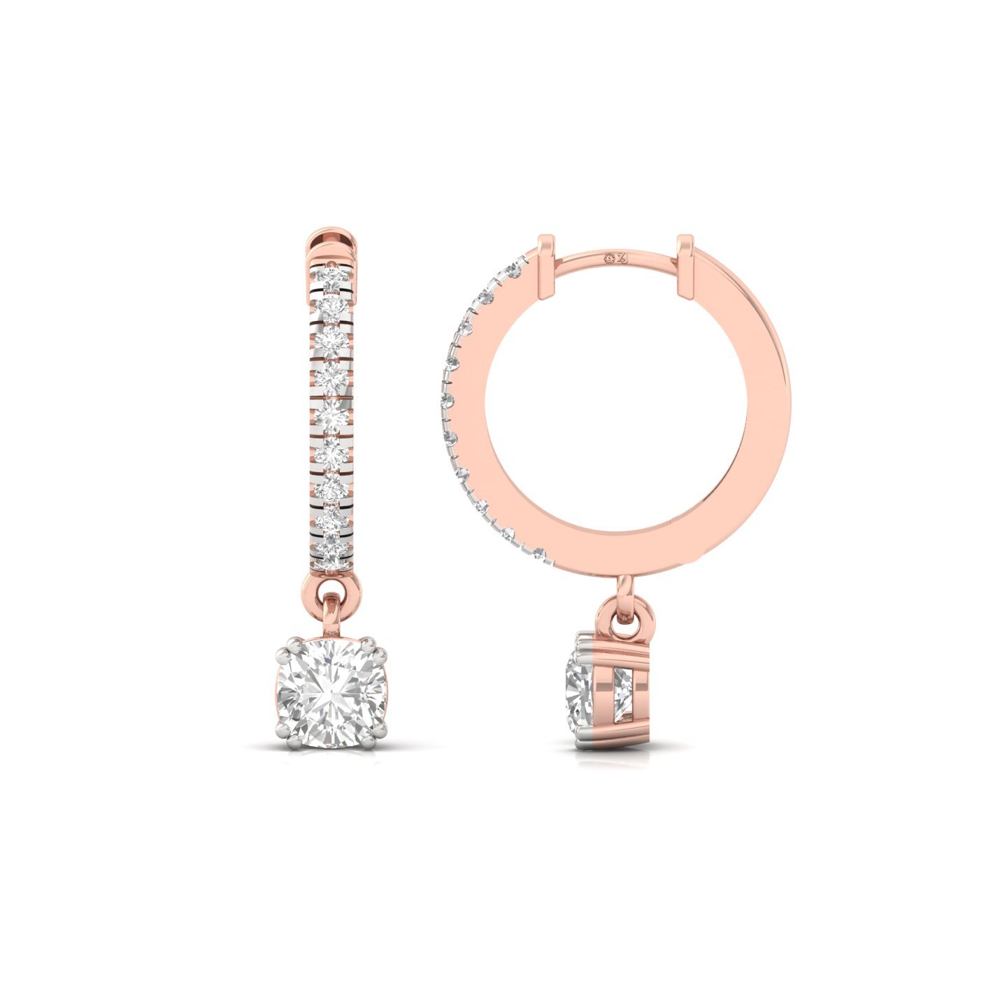 Cushion Cut Diamond Drop Hoop Earrings | Lab Grown Diamond Hoops | Silver & Gold - Rose Gold Main View
