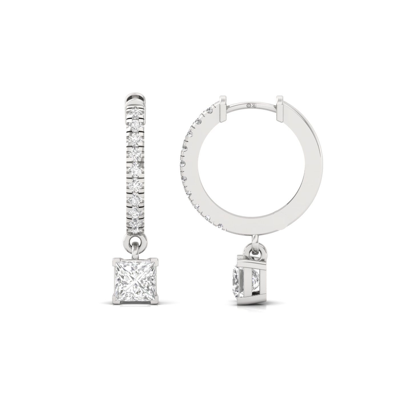 Princess Cut Diamond Drop Hoop Earrings | Lab Grown Diamond Hoops | Silver & Gold - Main View