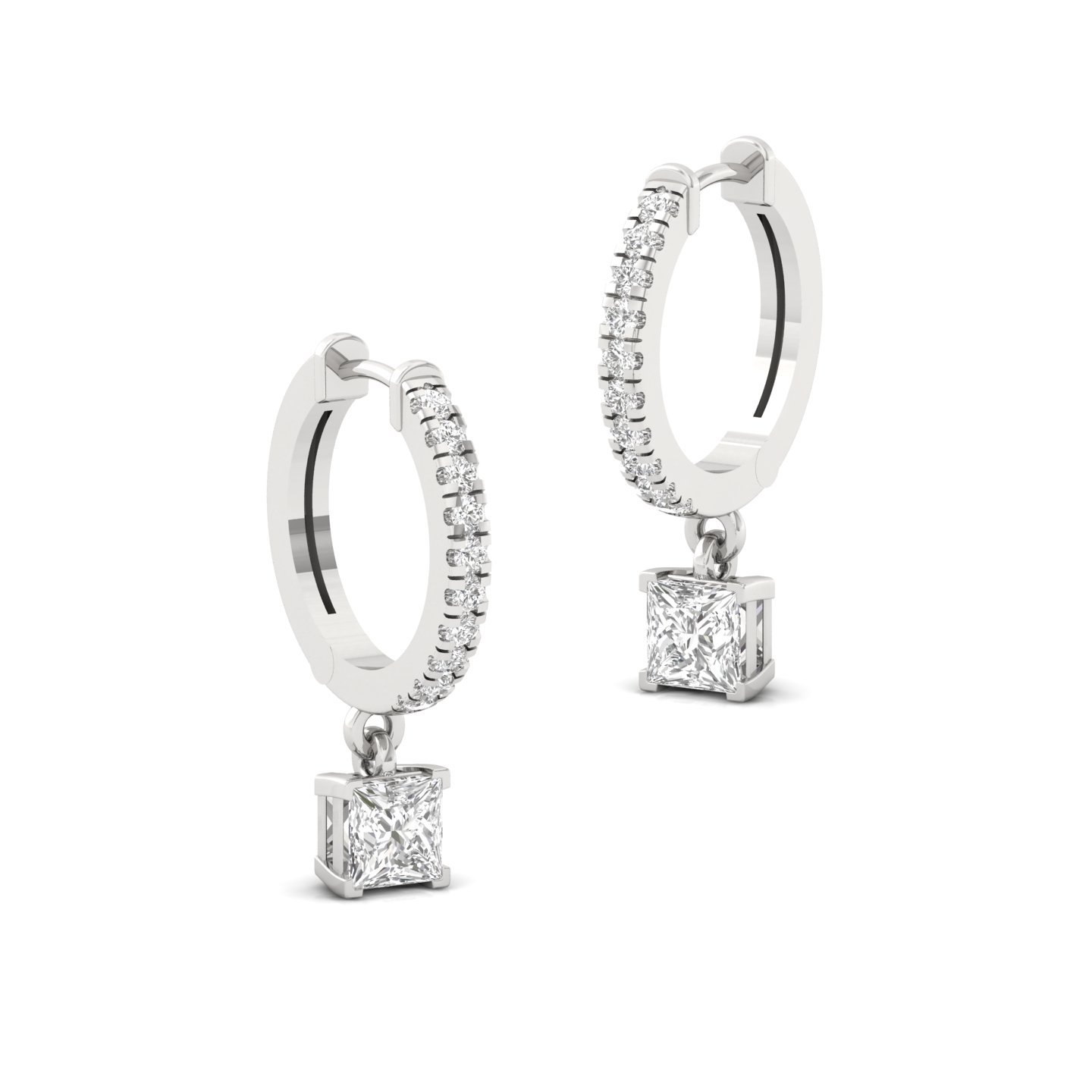 Princess Cut Diamond Drop Hoop Earrings | Lab Grown Diamond Hoops | Silver & Gold - View 3